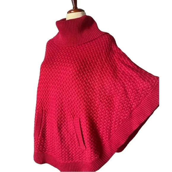 TALBOTS | Red Knit Lamb Wool Blend Cowl Neck Cape Poncho Size S - Picture 3 of 10